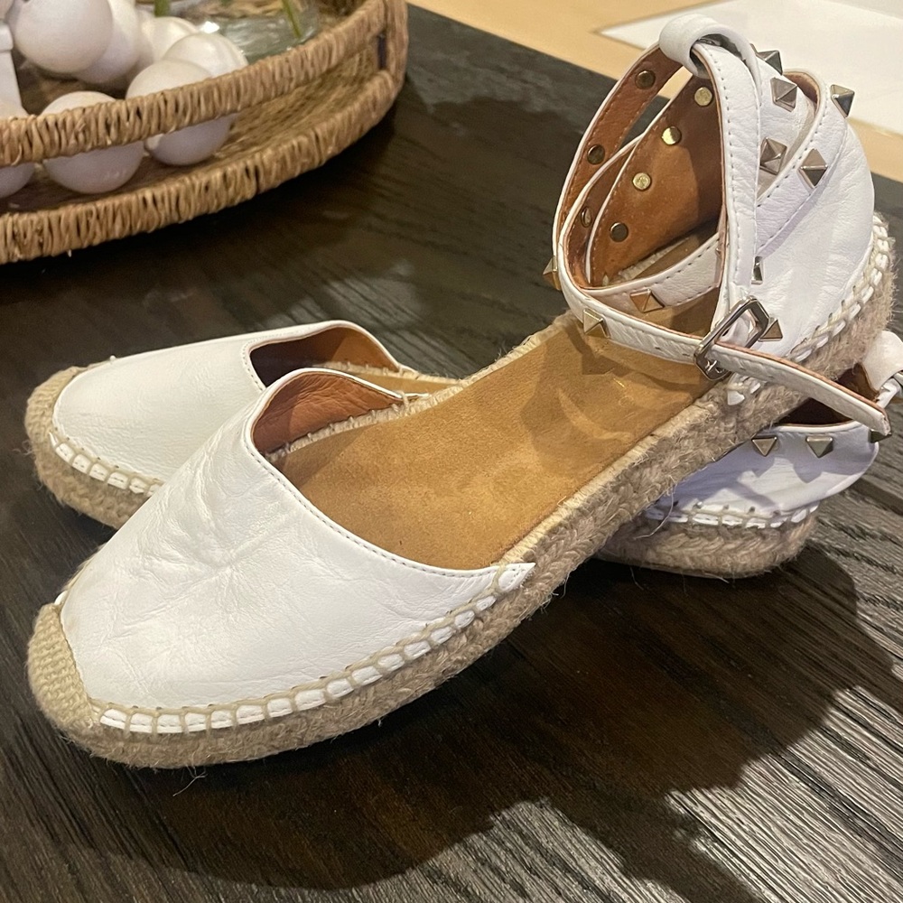 Maypol espadrilles, Size 8/39. Studded white leather with ankle strap.
